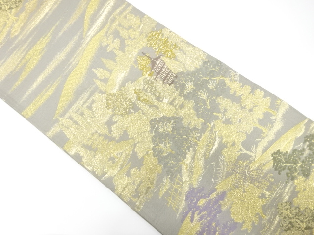 山並に寺院風景模様織り出し　袋帯